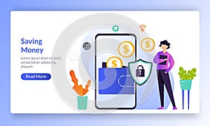 Saving Money to e-wallet concept, financial saving, transfer and online payment, landing page template for banner, flyer, ui, web