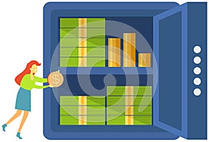 Saving money. Woman puts coins and cash bills in metal safe. Business finance and investment concept