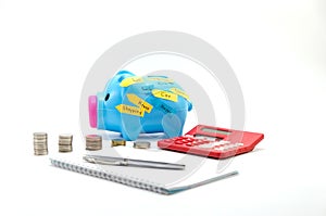 Saving pig with money, calculator and text: house,car, travel,