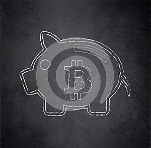 Saving piggy bank and Bitcoin icon on blackboard, chalk icon on chalkboard