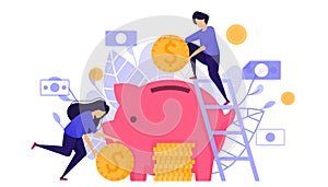 Saving Into a Piggy Bank. Depicts People Putting Money Into Banking to Copy Save and Bank Interest for Return on Investment ROI. C