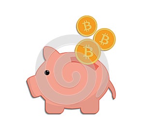 Saving piggy bank whit Bitcoin coins symbol, white on background