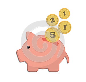 Saving piggy bank whit coins, symbol on a white background
