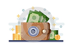 Saving and protection money deposit. Vector flat illustration of leather wallet with lock safe. photo