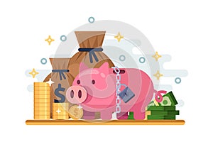 Saving and protection money deposit. Vector flat illustration of piggy bank with padlock. Financial security concept