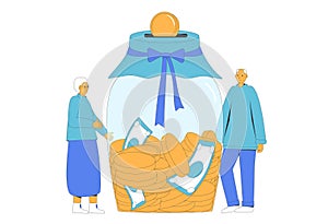 Saving for retirement happy life. Pension preparation plan. Finance for elderly people. Vector illustration of older adult with