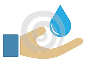 Saving water icon or symbol with human hand and waterdrop