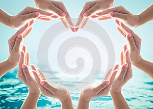 Saving water and world water day for csr campaign concept with collaborative hands in love heart shape