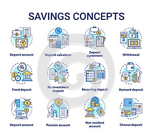 Savings concept icons set. Different banking systems, deposit account variety idea thin line illustrations. Passive