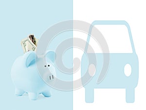 Piggy bank and dollar banknotes on pastel blue background