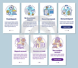 Savings, deposit investment onboarding mobile app page screen with linear concepts. Different deposit types. Walkthrough