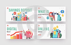 Savings Deposit Landing Page Template Set. Tiny Characters Put Coins into Huge Smartphone Making Financial Investment