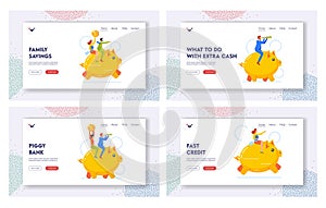 Savings and Finance Management Landing Page Template Set. Male and Female Characters Riding Piggy Bank Illustration