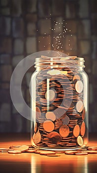 Savings growth Coins accumulating in a jar, blurred background concept