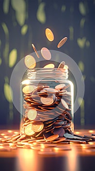 Savings growth Coins accumulating in a jar, blurred background concept