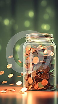 Savings growth Coins accumulating in a jar, blurred background concept