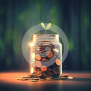 Savings growth Coins accumulating in a jar, blurred background concept