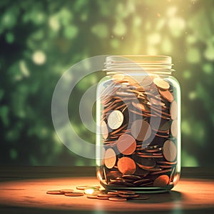 Savings growth Coins accumulating in a jar, blurred background concept