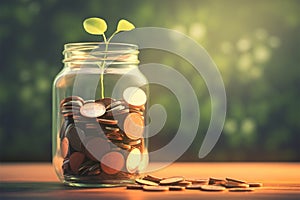 Savings growth Coins accumulating in a jar, blurred background concept