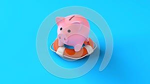 Savings insurance. Piggy bank on a lifebuoy on a blue background. Help in saving money. 3d render