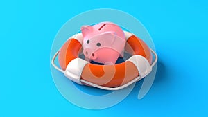 Savings insurance. Piggy bank in lifebuoy on a blue background. Help in saving money. 3d render