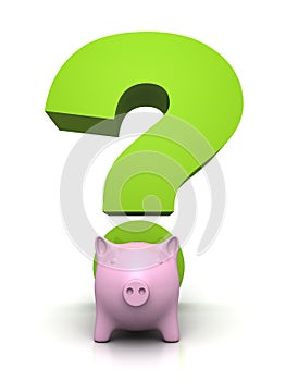 Savings and investment concept with piggybank and a green question mark