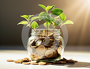 Savings money coin full of glass piggy. Plant Growing In Savings Coins. Investment Concept - AI generated
