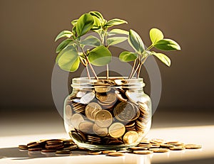 Savings money coin full of glass piggy. Plant Growing In Savings Coins. Investment Concept - AI generated