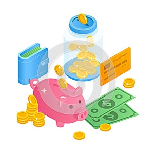 Savings money concept illustration in isometric 3D design. Piggy bank, jar of money, cash, coins, wallet with money