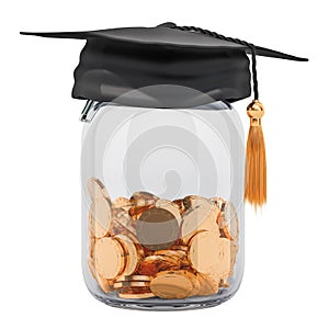 Savings money for education concept. Golden coins inside glass j