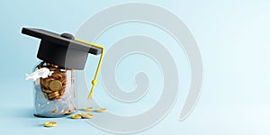 Savings money for study abroad concept design of graduation cap and gold coins with copy space 3D render