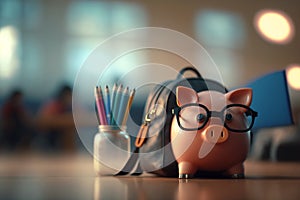 Savings Piggy Bank with Backpack on a Table with Pens