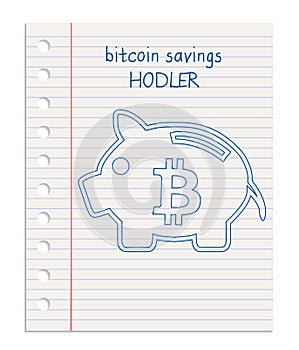 Savings piggy bank with bitcoin symbol icon, realistic sheet of lined paper from a notebook, paper ripped from a block with holes