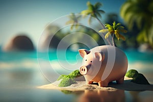 Savings Piggy with a Tropical Island Background - Saving Up for the Perfect Vacation