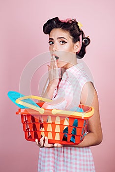 Savings on purchases. retro woman go shopping with full cart. surprised girl enjoying online shopping. online shopping