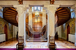 Savoia Castle inside, the fabulous wooden staircase., Gressoney Saint Jean, Aosta, Italy