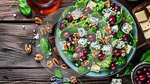 Savor the Blend: A Delectable Blue Cheese, Grape, and Nuts Salad on a Rustic Wooden Background, Capt