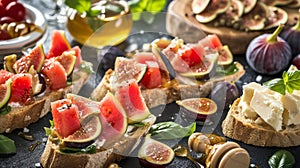 Savor a Burst of Flavors: tful Bruschettas with Fig, Watermelon, Cherry Tomatoes, Cheese, and Hone