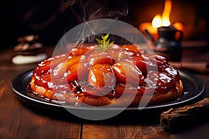 Savor the caramelized perfection of Tarte Tatin on a rustic wooden table.