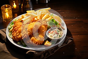 Savor the combo Fish and chips with a side of mini salad