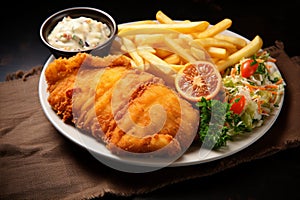 Savor the combo Fish and chips with a side of mini salad