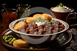 Savor a comforting chili bowl with cornbread and sour cream under the dusky sky in ultra wide angle