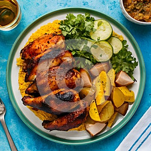 Savor a delicious chicken BBQ feast on a vibrant plate photo
