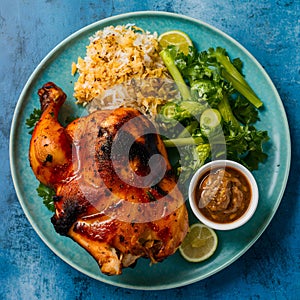 Savor a delicious chicken BBQ feast on a vibrant plate photo