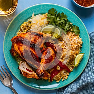 Savor a delicious chicken BBQ feast on a vibrant plate photo