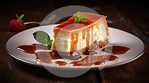 Savor the delightful blend of cheesecake and caramel sauce on a charming wooden surface, Ai Generated