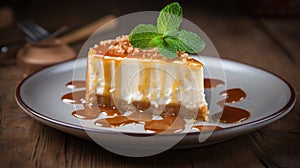 Savor the delightful blend of cheesecake and caramel sauce on a charming wooden surface, Ai Generated