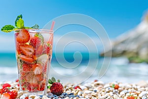 Savor a delightful summer strawberry cocktail in glass on a stunningly beautiful sunny beach setting photo