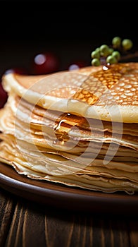 Savor the detail close up of delicate thin pancakes on wood
