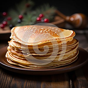 Savor the detail close up of delicate thin pancakes on wood